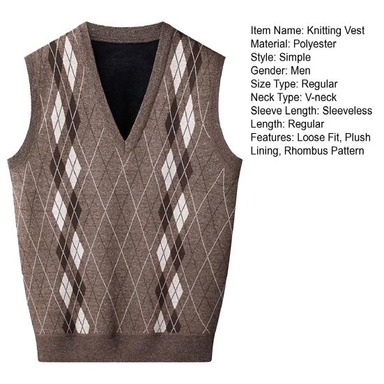 Мужской вязаный жилет с V-образным вырезом, без рукавов, утолщенная плюшевая подкладка, жилет с ромбическими узорами, зимний жилет, свитер