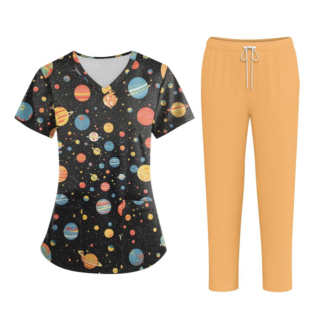 Plus SizePrinted Scrub Working Uniform Tops For Women's Cross V-Neck Halloween Print Short Sleeve Fun T-Shirts Workwear Tee With Pockets