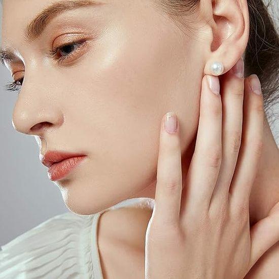 Round White Freshwater Cultured Pearl Stud Earrings, Sterling Silver 18K Gold Plated Hypoallergenic Earring Studs Jewelry For Women- AAAA Quality
