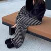 Women's Thick Wool Striped Pants - Cozy Knit Casual, Black Gray Floor-Length for Autumn/Winter.