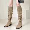 Fashion Middle Heel Women's Long Boots Khaki Square Toe Ladies Knee High Shaft Shoes Fur New Rock Quality Comfortable and Elegant Pu In