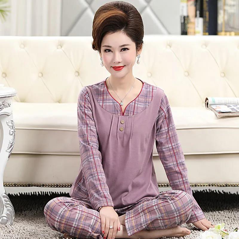 Spring and Autumn Ladies Women's Pullover Pajamas Loose and Comfortable High-quality Middle-aged Cotton Long-sleeved Trousers Home Set
