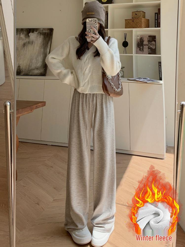 Женские темно-серые мягкие широкие брюки из клейкого риса - Весна/Осень Плюс бархат Теплые Повседневные Маленькие Длинные брюки.