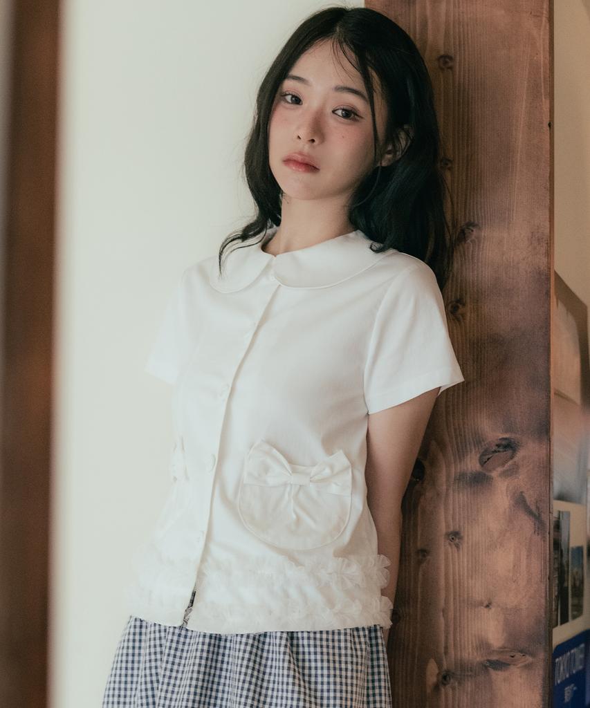 HIGH SCHOOL DISCO Round Collar Ribbon Pocket Blouse_White