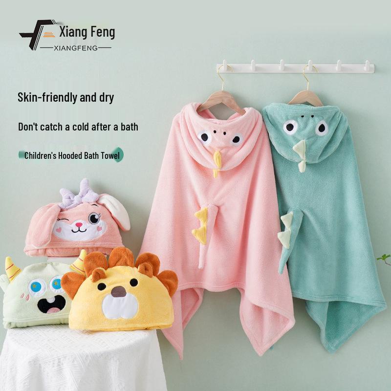 Xiangfeng Мультяшное Банное Полотенце с Капюшоном из Кораллового Флиса для Детей - Впитывающее, Носимое Пончо для Малышей