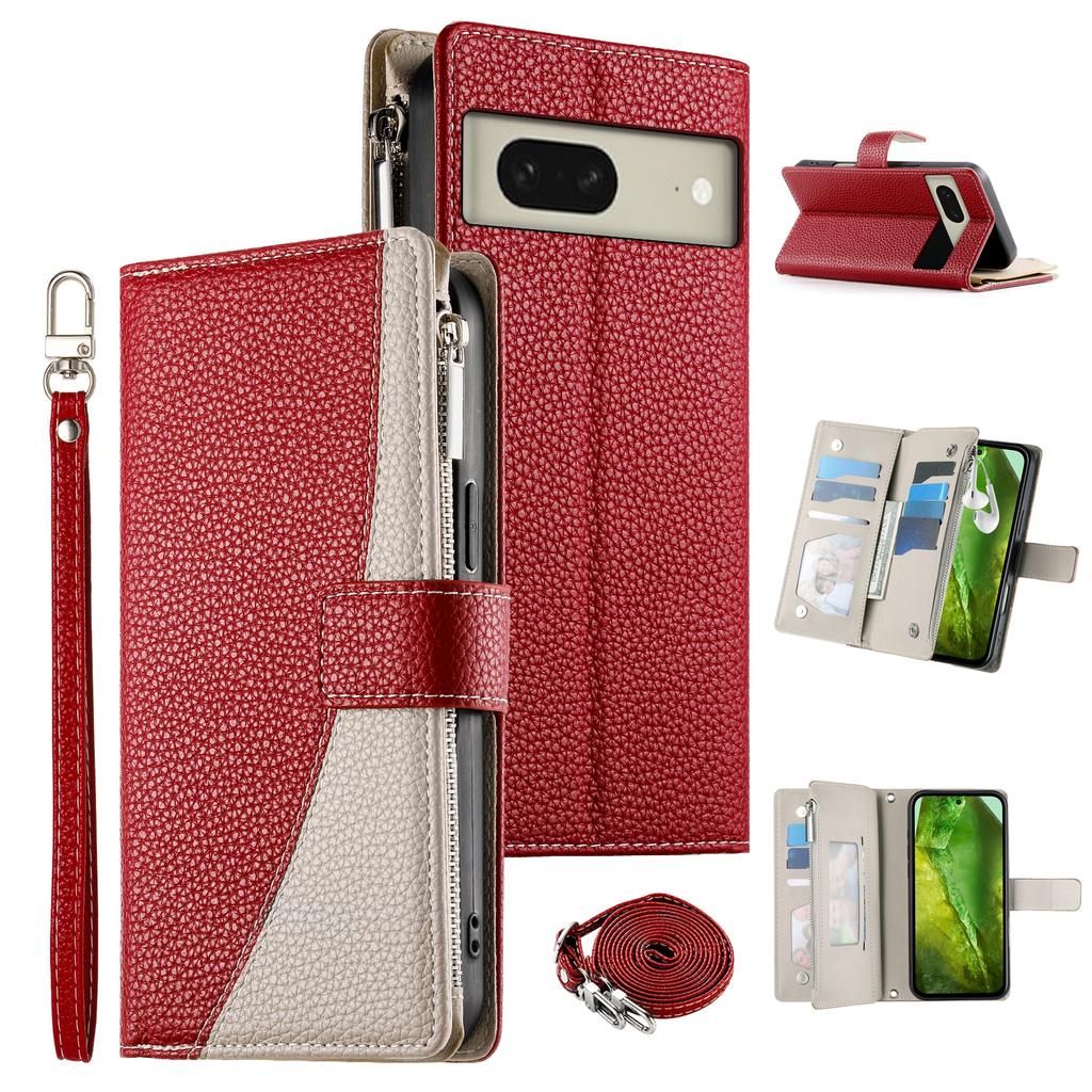 For Google Pixel 8 Case Zipper Wallet Color Splicing Leather Flip Phone Cover with Straps