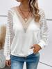 New Autumn Elegant Slim Tops Women's Long Sleeve V-neck Stitching Openwork Lace Perspective Casual T-shirt