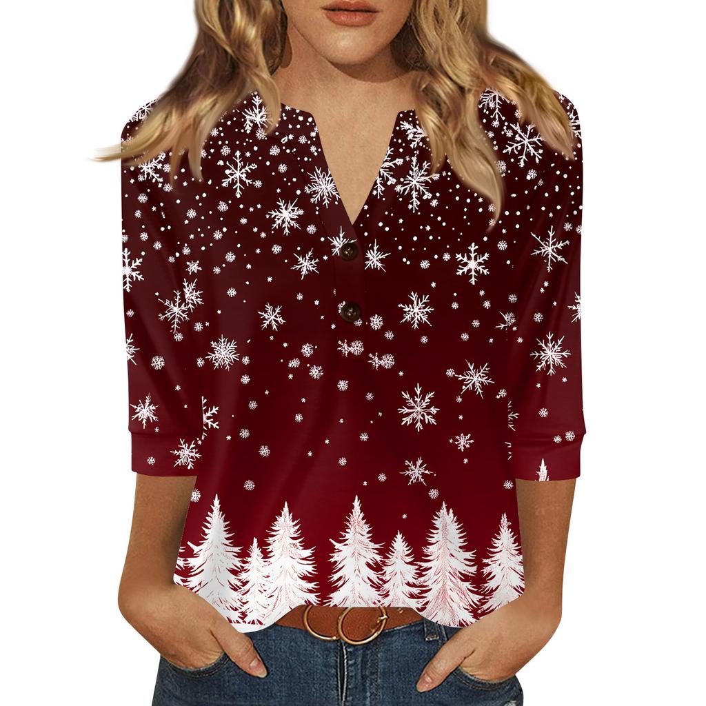Женская футболка с рождественским принтом, на пуговицах, рукав 3/4, повседневная, выходного дня, модная, базовая, с V-образным вырезом, стандартный топ