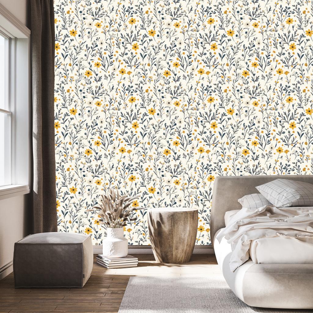 Wild Flowers Wallpaper Light Gray and White for Living Room and Bedroom 50x1000
