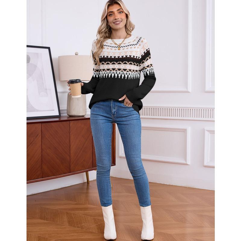 Women S Fair Isle Ethnic Geometric Pattern Round Neck Long Sleeve Pullover Sweater