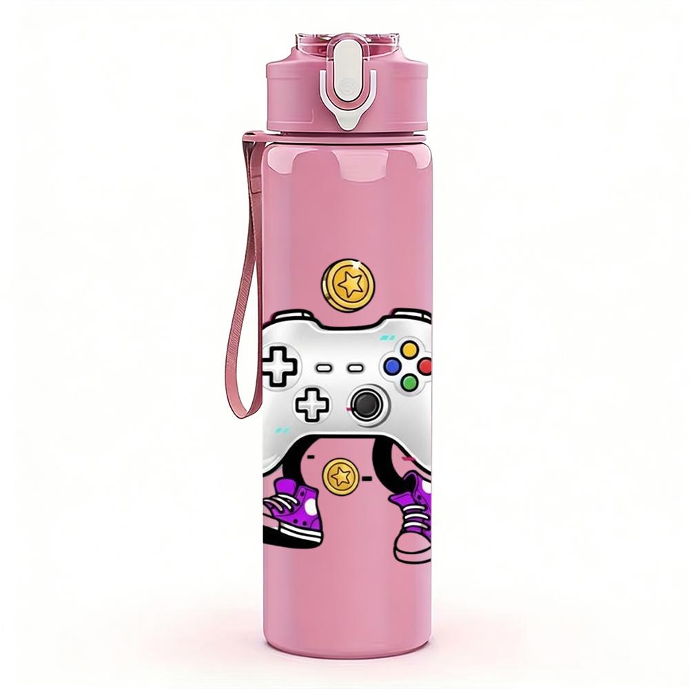 1PC Color Game Controller Heart Decor Graphic,750ml Color Plastic Sports Water Bottle,Leakproof Flip Straw Lid,Suitable for Sports Office Home Use