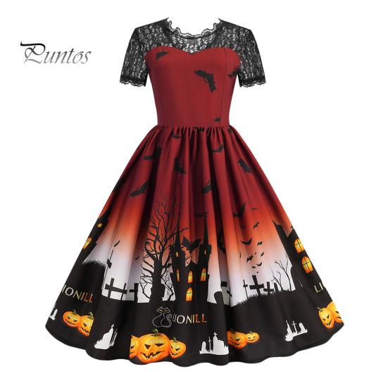 Женское платье для вечеринки на Хэллоуин с ажурным кружевом и круглым вырезом в стиле ретро, А-силуэта, с большим подолом, с принтом летучей мыши в стиле «дом с привидениями», с короткими рукавами, вечернее платье для косплея