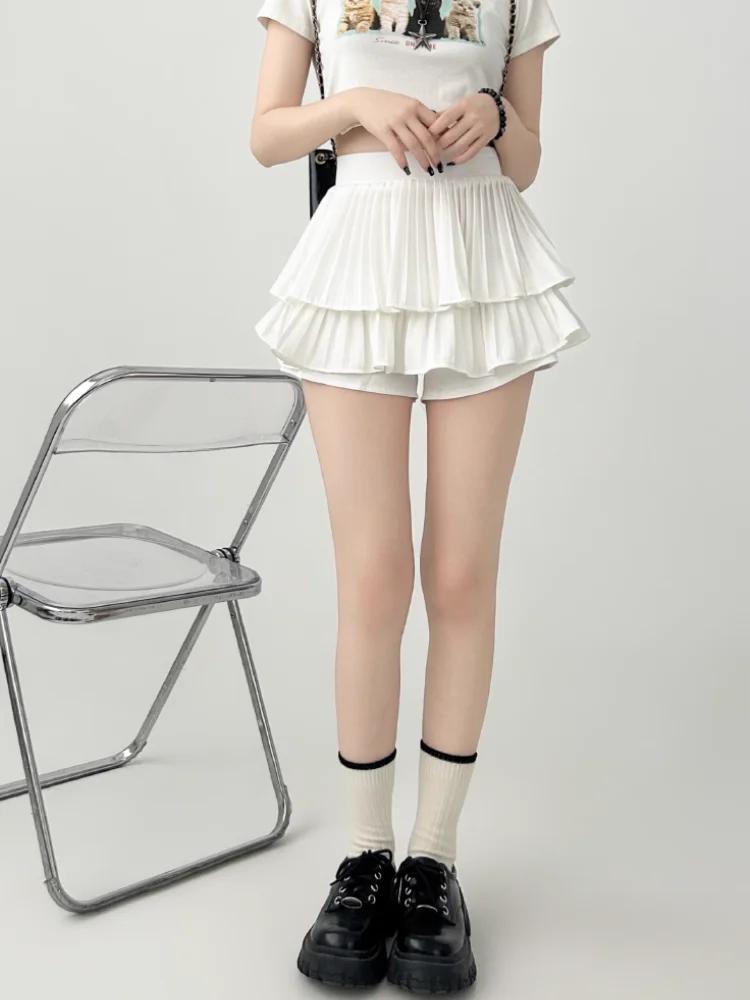 Kawaii Mini Skirt Women High Waist Ruffled Pleated Tulle Cake Slim Skirt Shorts Female Korean White Lolita Skirt Large Size