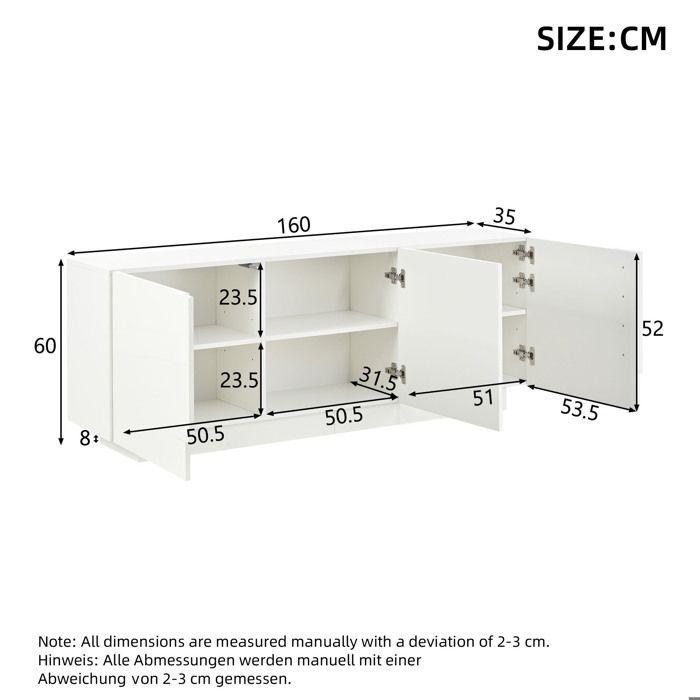 Buffet salon blanc brillant 160 x 35 x 60 cm 3 portes 6 compartiments étagères réglables grand rangement commode moderne chic déco!