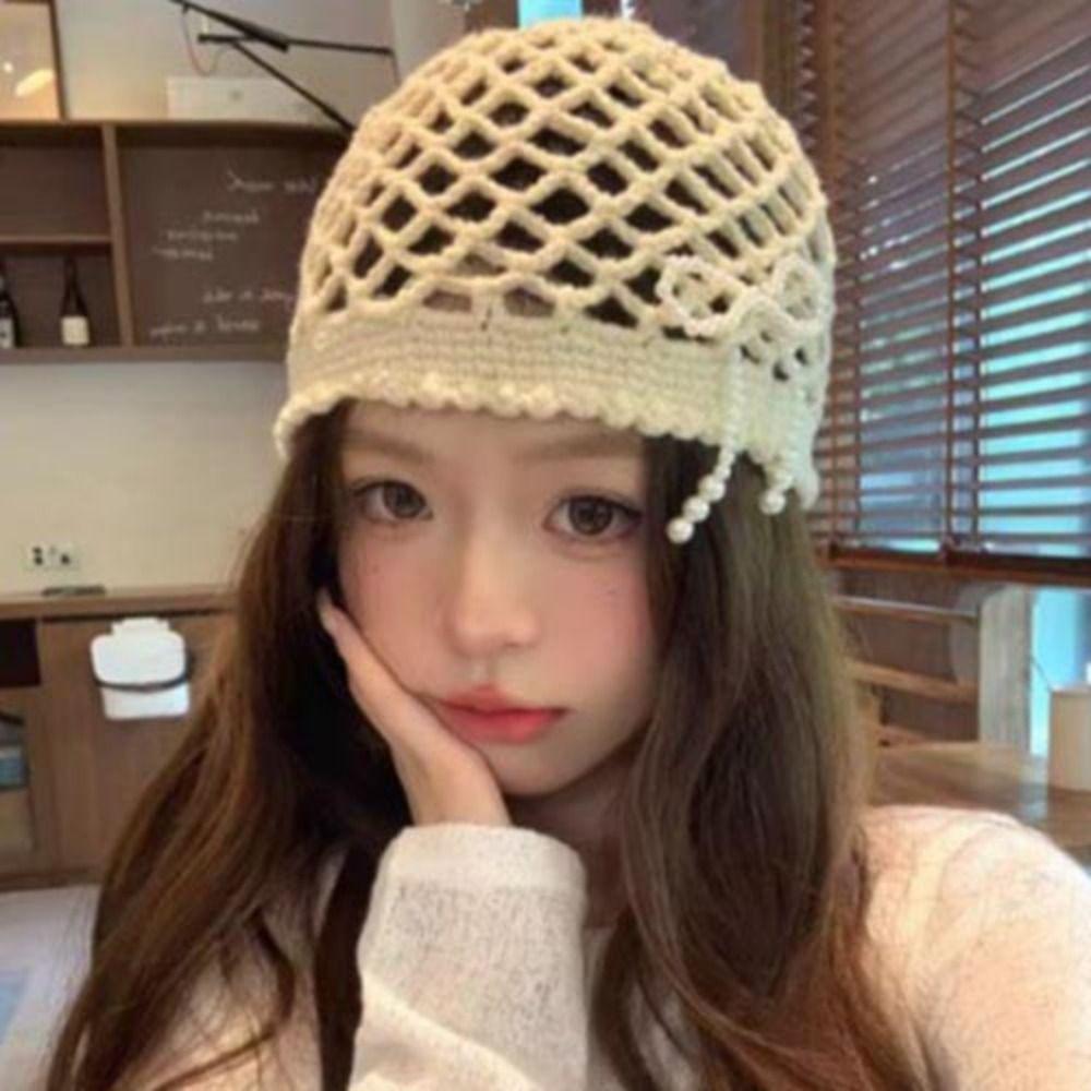 Weave Cap Tassel Pullover Hat Bohemian Korean Crochet Cap Vintage Hollow Knitted Beanies Hat  Women