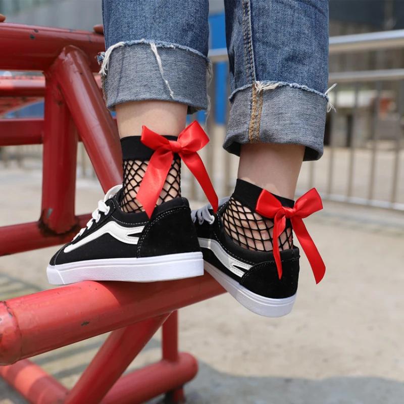 Мода 2024 года, новые женские сексуальные черные сетчатые короткие носки до щиколотки, рождественские носки в сетку для девочек с милым бантом, женские носки 6 цветов