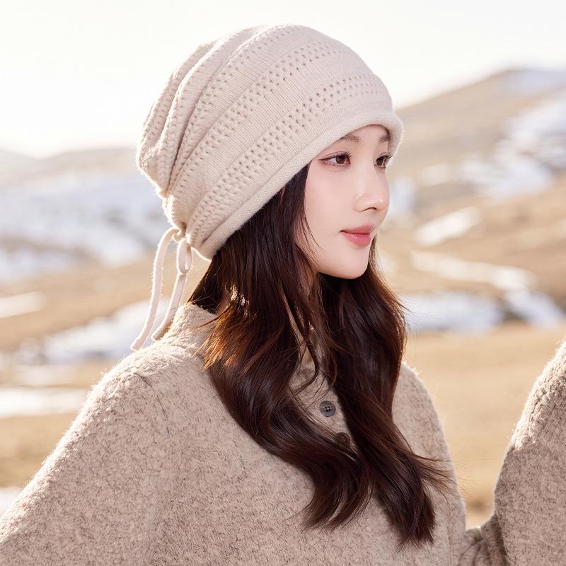 Women S Knit Slouch Beanie With Metal Tag Drawstring Warm Ear Protection Windproof Hat