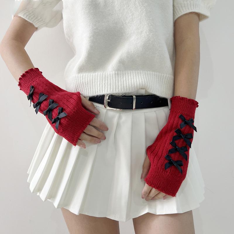 Red Knitted Arm Cover Hip-Hop Long Fingerless Sleeves Stretchy Elbow Decoration Thumb Hole Gloves Teens Cosplay