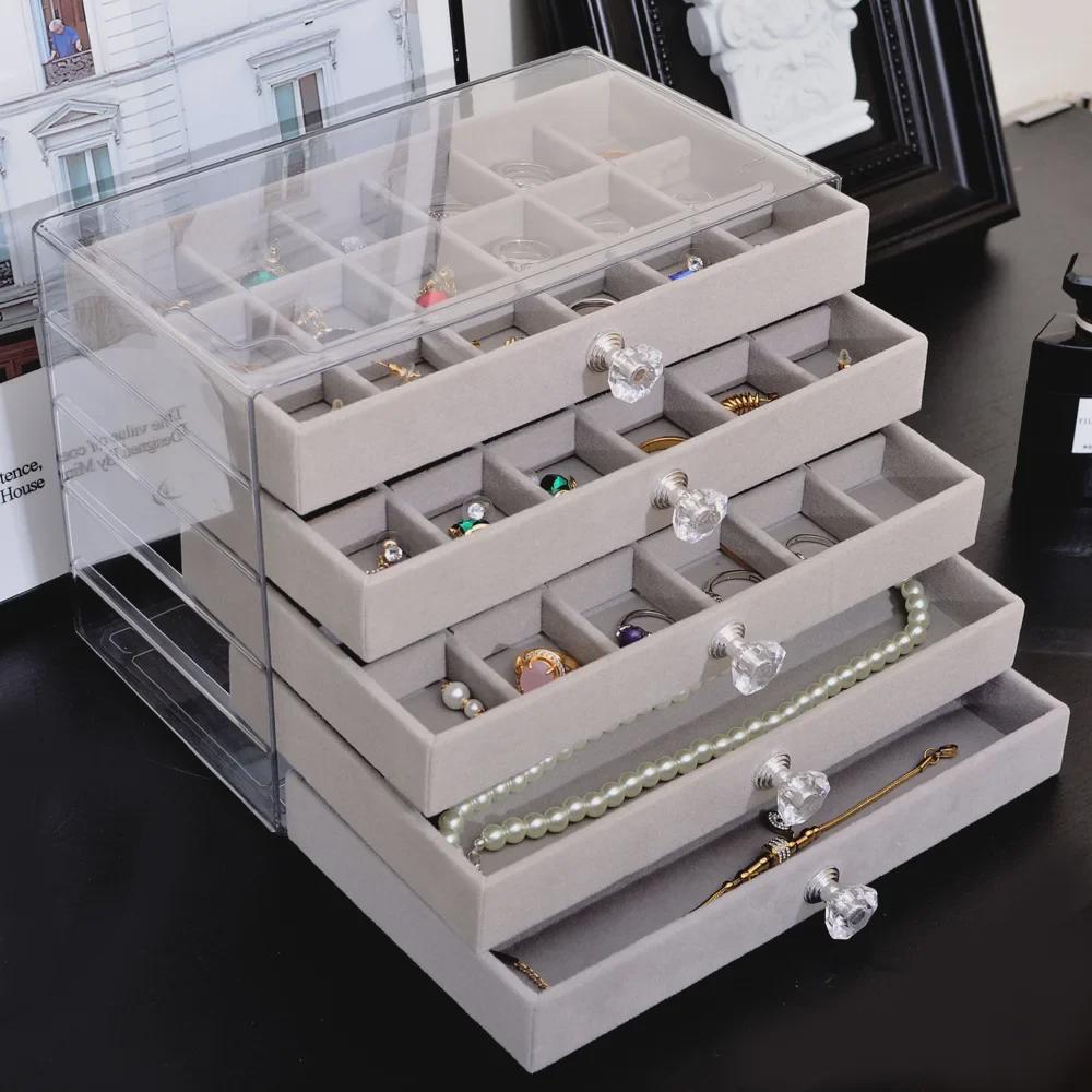 Прозрачная 5-ярусная ПЭТ-шкатулка для украшений: Выдвижной ящик для хранения браслетов, колец, серег, ожерелий с бархатной подкладкой