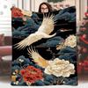 1 шт. Одеяло в японском стиле с принтом журавлей и цветов, 60x80 дюймов - Односторонний дизайн с темным фоном, Плотность нитей 100+, Всесезонное