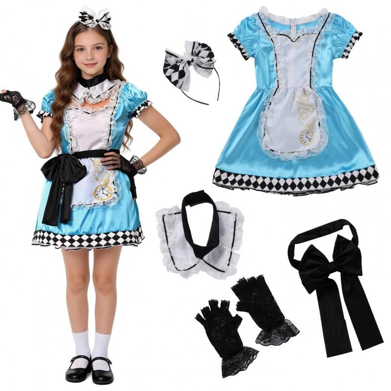 Alice Costume Girls Halloween Party Dress Cosplay Outfit Sweet Princess Maid Style Fancy Set