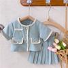 Koreyalik Qiz Dantelli Moda Kostyumi Bahor Yoz Yangi Chaqaloq Bolalar Qisqa Yengli Top Jaket + Pliseli Yubka Ikki Bo'lakli To'plam Bolalar Kiyimi