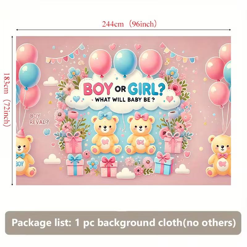 2D Gender Reveal Teddy Bear Tapestry, Pink Blue Balloon Baby Shower Decor