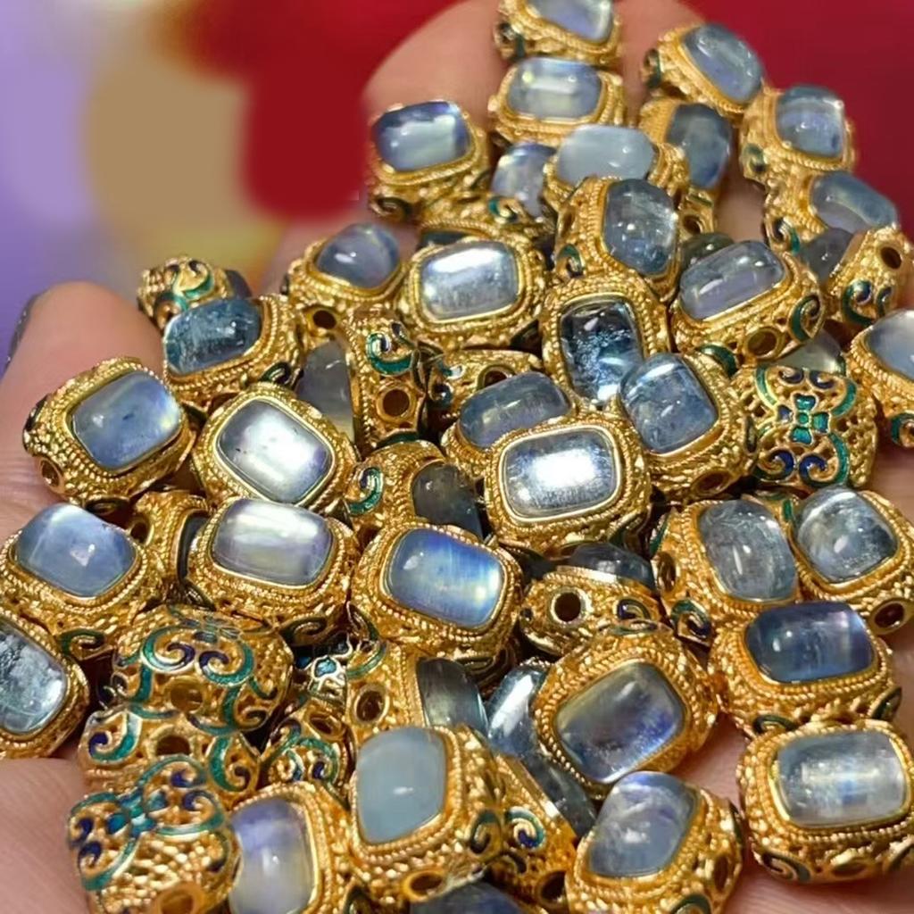 1Pc, Natural Stone Turquoise Aquamarine beads with hole, Boho handcrafted barrel-shaped beads accented with golden edges for Jewelry Making DIY