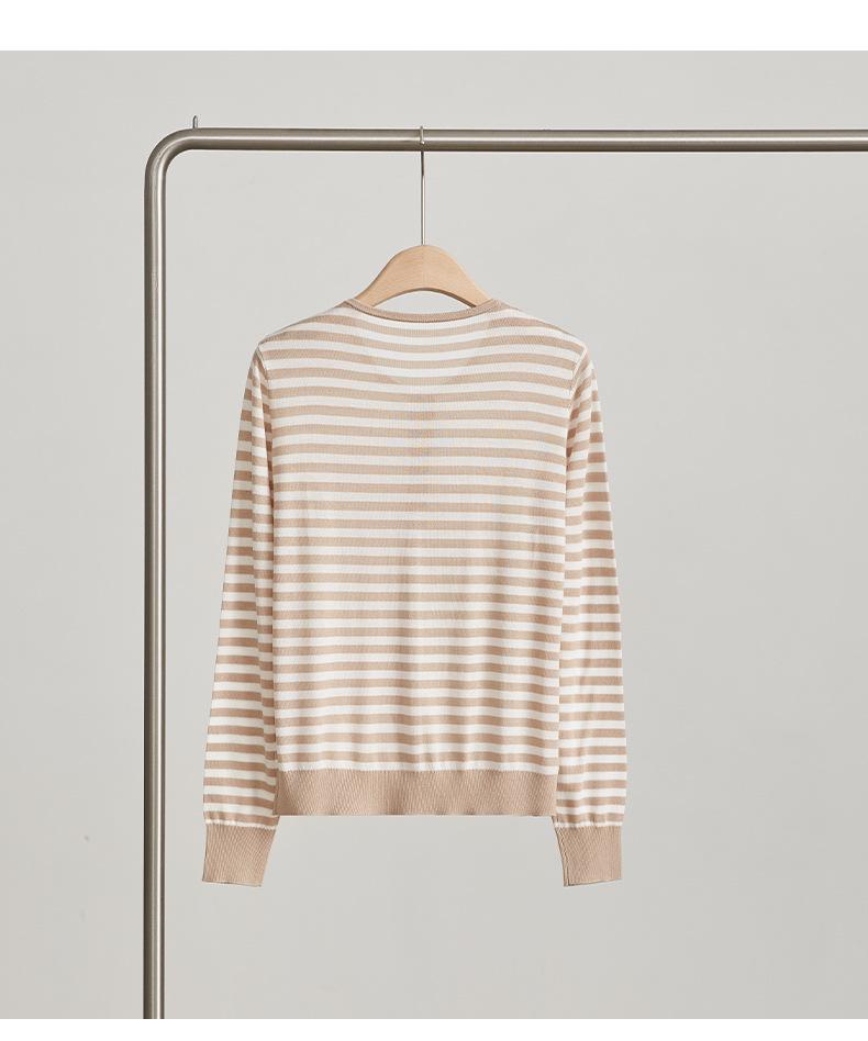 Художественный полосатый кардиган из тутового шелка - Женский черно-белый вязаный топ с круглым вырезом для осени