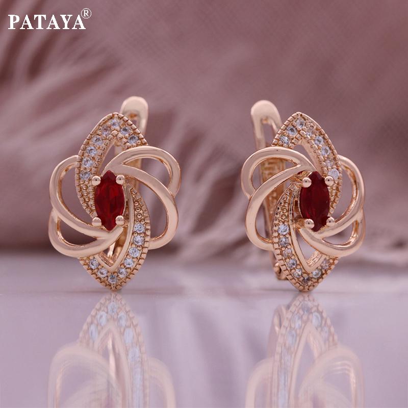 PATAYA Серьги из красного искусственного циркона в форме лошадиного глаза цвета розового золота