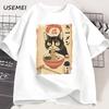 RaUnisex Футболка с кошкой в японском стиле Черная кошка ест RaUnisex Графические футболки Модные Хлопок Мягкий Короткий рукав Повседневная Одежда для унисекс