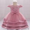 Handmade Beaded Princess Dress - Embroidered Bow Mesh Tulle Skirt for One-Year-Old Girls