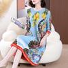 Pleated Blue Round Neck Three Quarter Sleeved Dress, New for Spring and Summer, High-end Print, Slimming and Loose Fitting Skirt