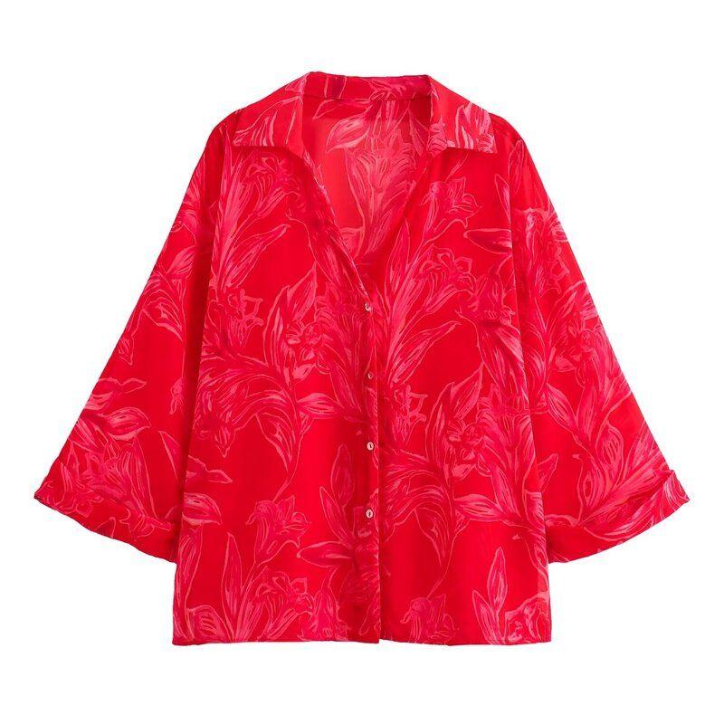 Fashion Style 2024 Autumn New Arrival Women's Stylish All-Match Commute Flower Print Transparent Shirt 8691137