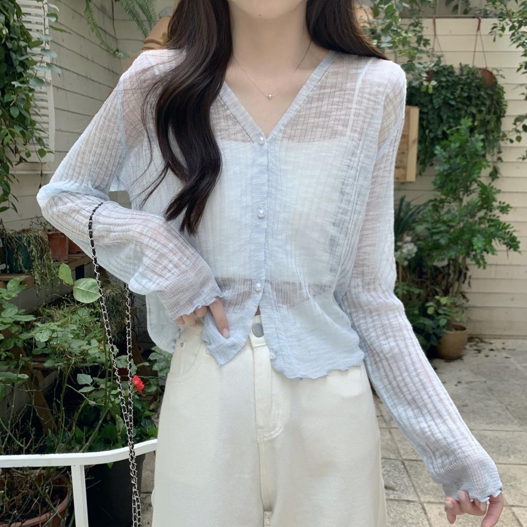 Summer Sun Protection Clothes Cardigan for Women Thin Loose Wood Ears with Shawls Short Student Knitted Ice Silk Shirt