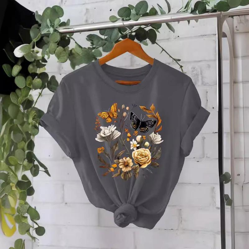 Футболка из хлопка, летняя, с коротким рукавом, круглым вырезом, с цветочным узором, женская