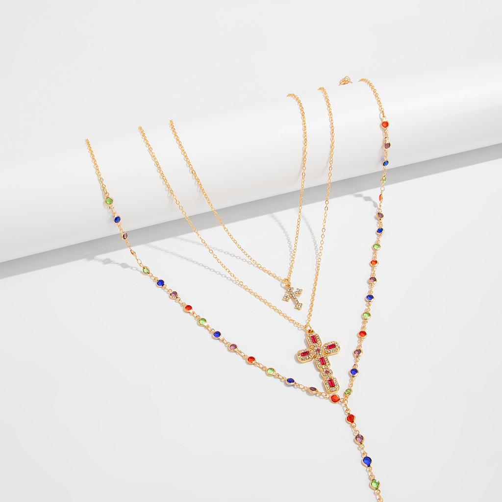 3Pcs/Set Colorful Crystal Cross Pendant Necklace for Men Hip Hop Adjustable Choker Collar Chain Christian Jewelry Accessories