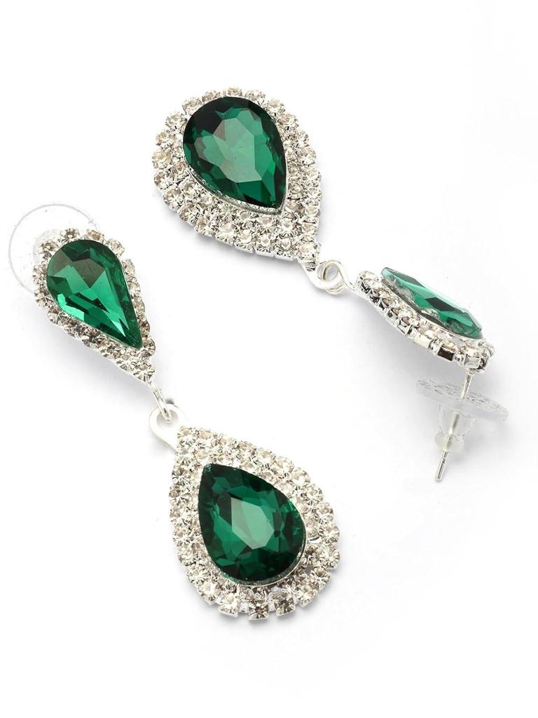 Stylish AD Stone Diamonds Studded Rhodium Plated Silver Green Drop Choker Necklace with Drop Earring Combo Jewellery Set