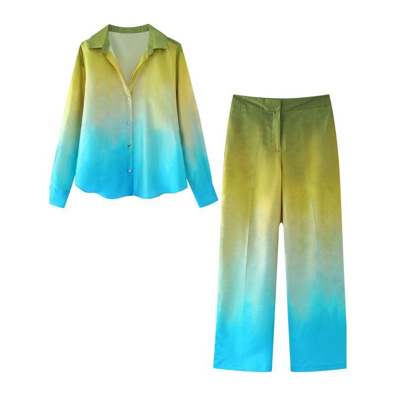 Kaslead New Women clothes Western Style Tie-dye Silk Satin Texture Shirts Pants 8374487 8200486