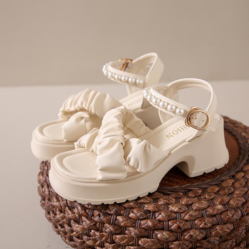 Мода 2024 Лето Новые Открытый Носок Перламутровые Пуговицы Ремешок Толстая Подошва Водонепроницаемые Платформа Сандалии для Женщин Толстая Подошва Туфли Для Женщин