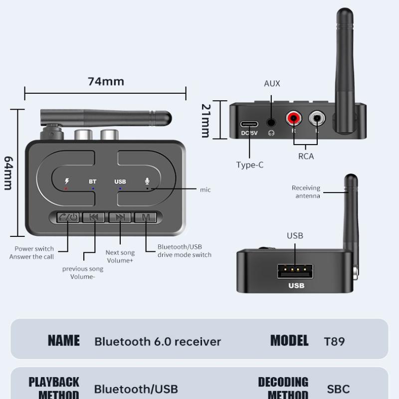Bluetooth 6.0 Audio Receiver 3.5Mm Aux Rca With Mic Hifi Stereo Wireless Adapter Support Usb U-Disk For Car Speaker Amp