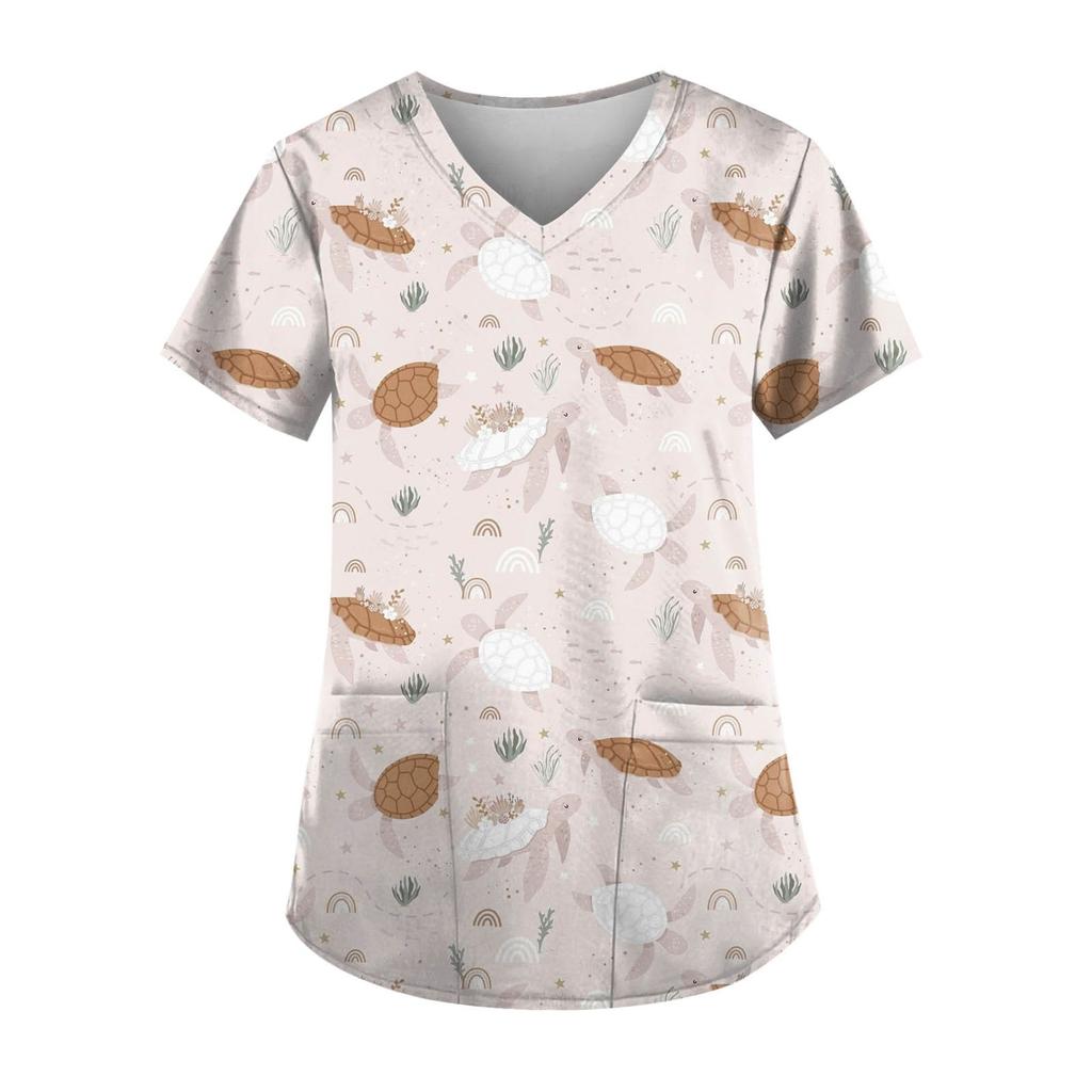 Женский топ с карманами и карманами с короткими рукавами и V-образным вырезом