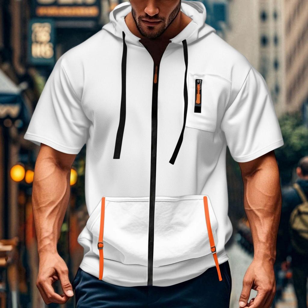 Men's Casual Short-sleeved Sweatshirt. Loose And Breathable Solid-color Sweatshirt Jacket With Multiple Pockets And A Zipper.