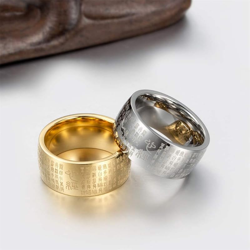 Oakky men's 10MM stainless steel Engraved Chinese Buddhist Wisdom Heart Sutra Mantra Prayer ring lucky protection amulet wedding ring gold size 14