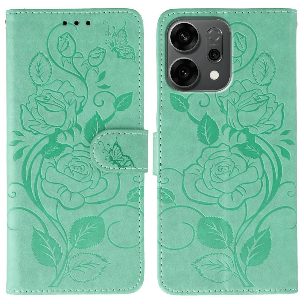 For Oppo Reno14 5G (Global) Case Wallet Stand Imprinted Rose Butterfly PU Leather Phone Cover