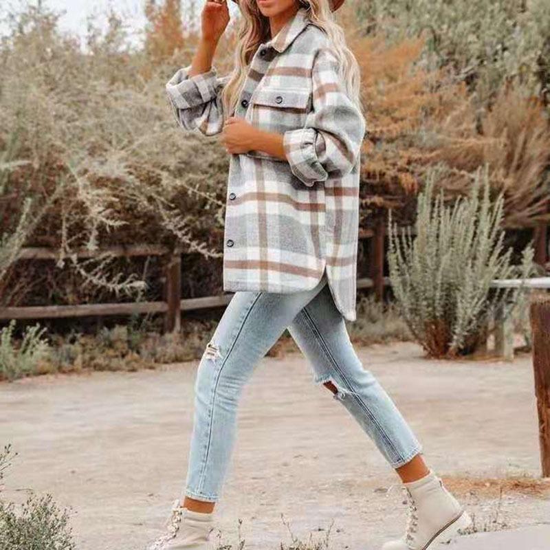 Женская повседневная клетчатая куртка с длинным рукавом и лацканами, осенняя утолщенная фланелевая рубашка с пуговицами, свободное теплое шерстяное пальто с двумя карманами