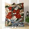 Vintage Japanese Samurai Ukiyo E Red Throw Blanket, Premium Microfiber Blanket for Home, Elegant Fleece Blanket for Guest Rooms