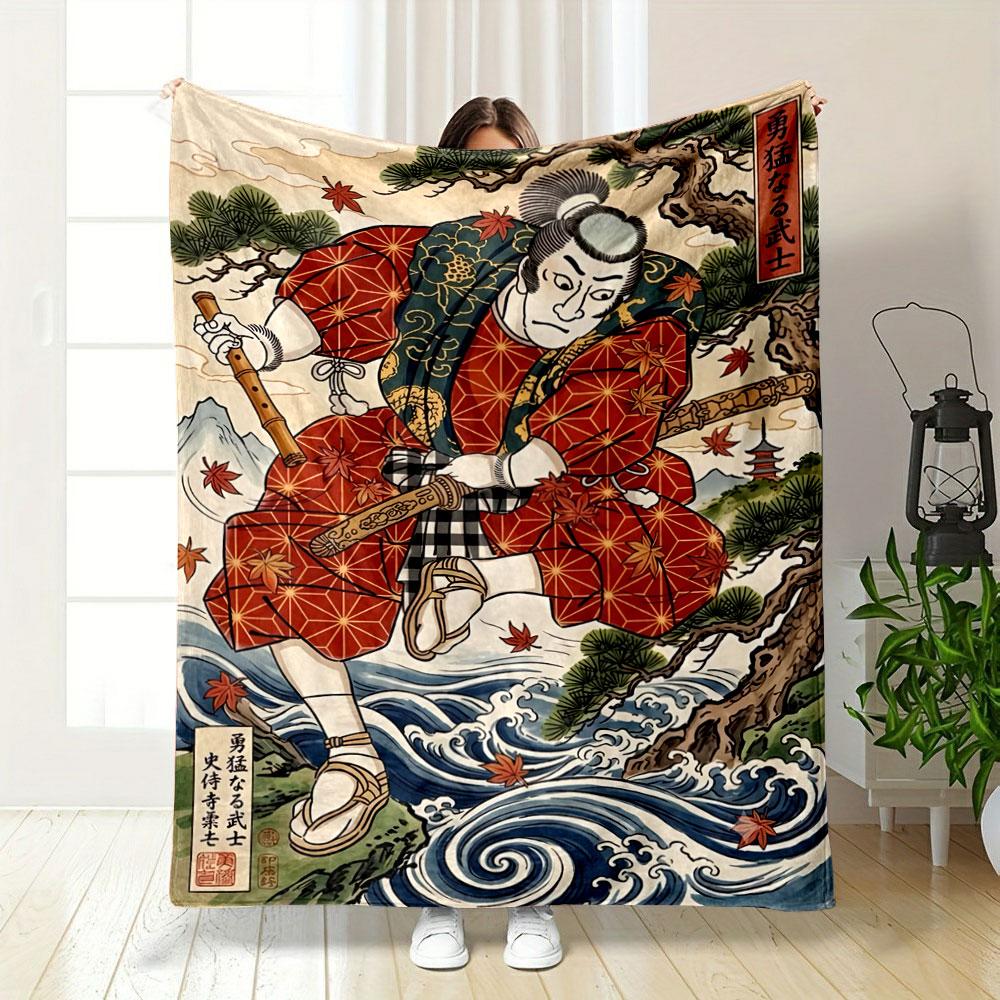 Vintage Japanese Samurai Ukiyo E Red Throw Blanket, Premium Microfiber Blanket for Home, Elegant Fleece Blanket for Guest Rooms