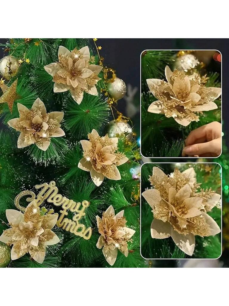 6PCS Gold Powder Christmas Flower Simulation Flower Christmas Tree Pendant Decoration Flower Wreath Accessories