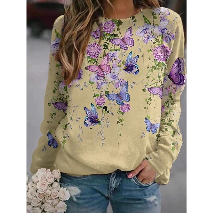 Новая осенне-зимняя женская толстовка с круглым вырезом, короткими и длинными рукавами, с цветочным, бабочковым и животным принтом